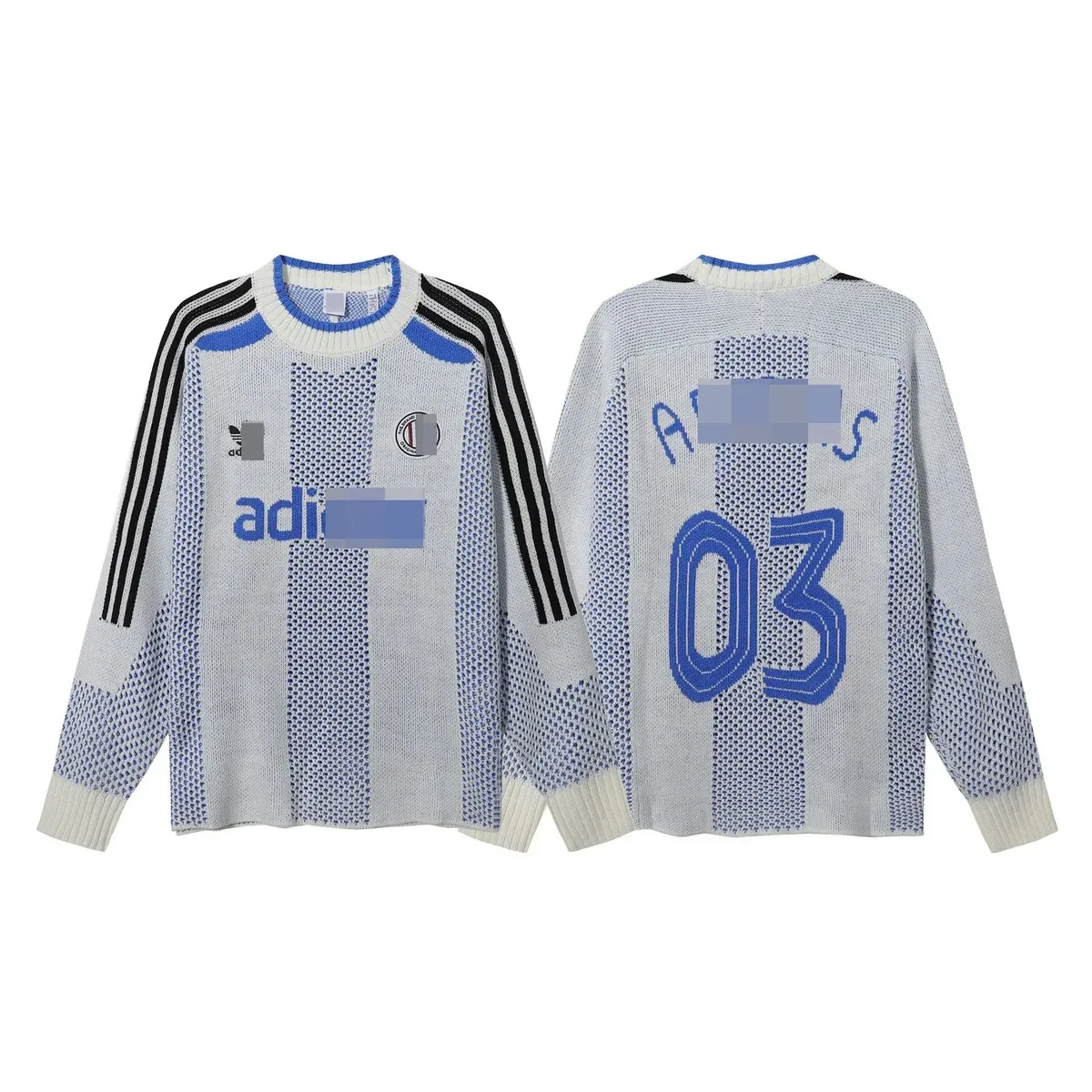 Adidas Classic Football Sweater Blue White Knit Top