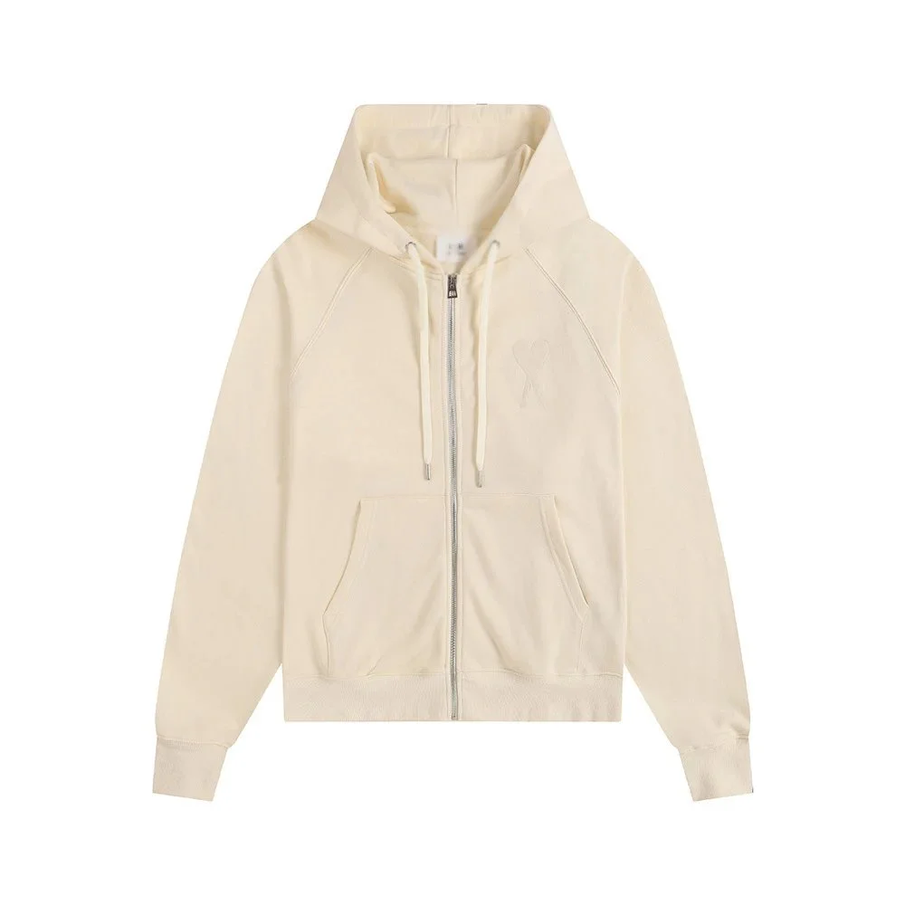 Ami Paris Ami de Coeur Zip-Up Hoodie Light Beige 405