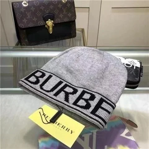 Burberry Grey Knit Beanie with Logo Band