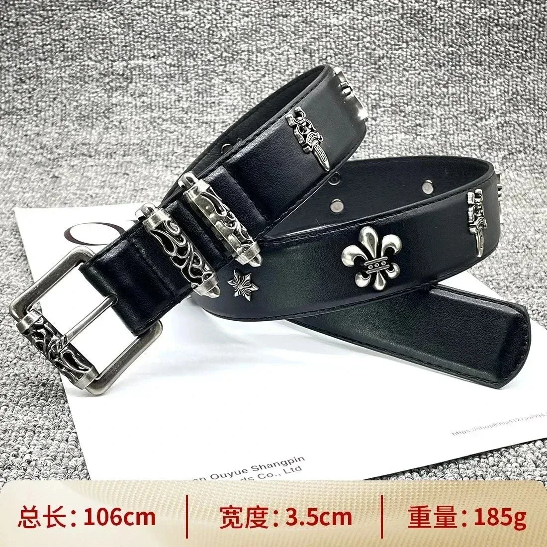 Chrome Hearts Black Leather Belt with Silver Embellishments