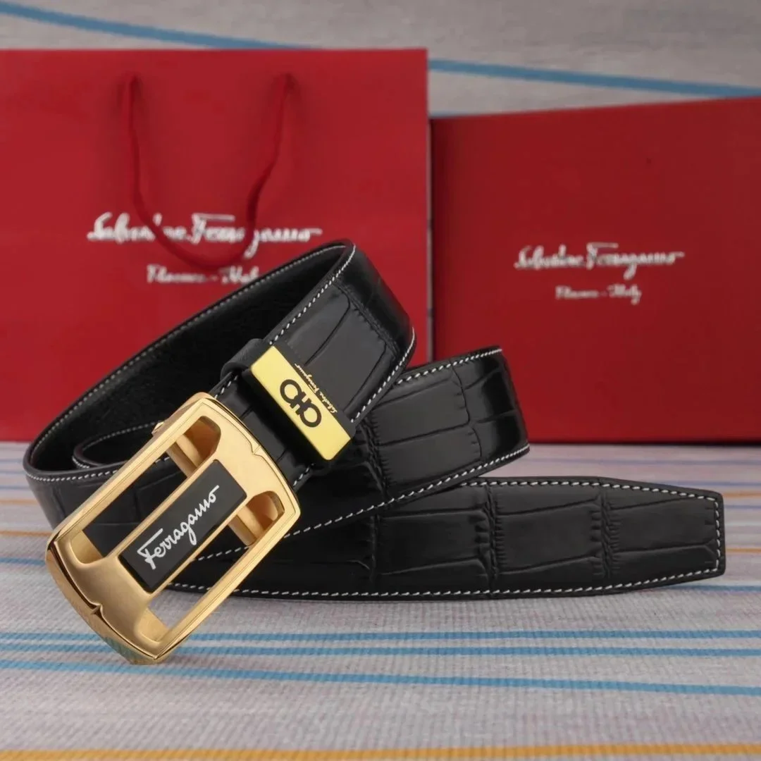 Ferragamo Black Crocodile Texture Belt with Gold Buckle
