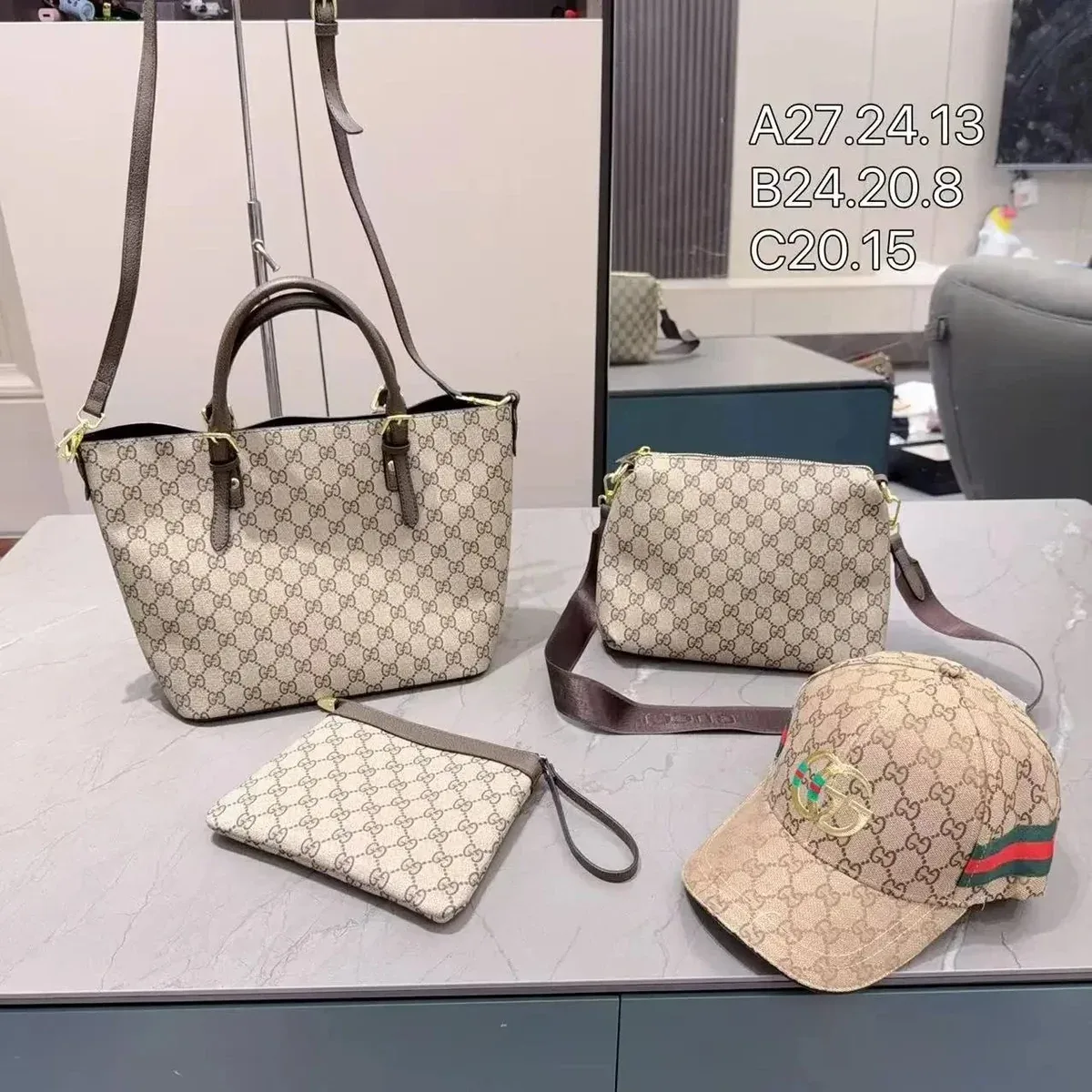 Gucci GG Marmont Beige & Brown Tote Set with Cap
