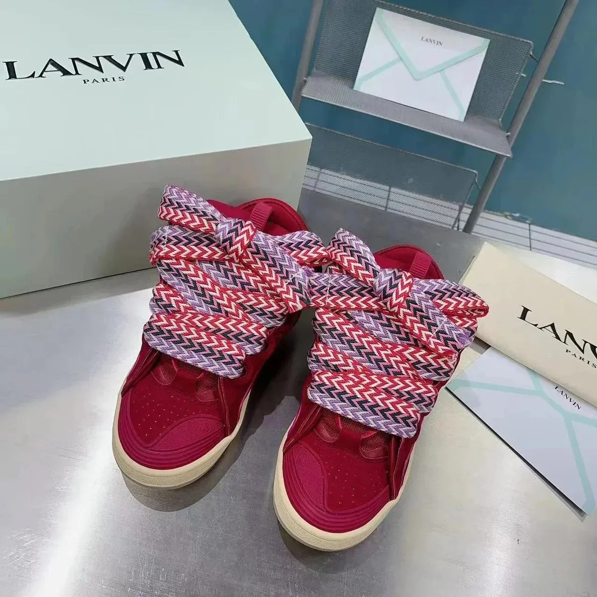 Lanvin Red High Top Sneakers with Zigzag Laces