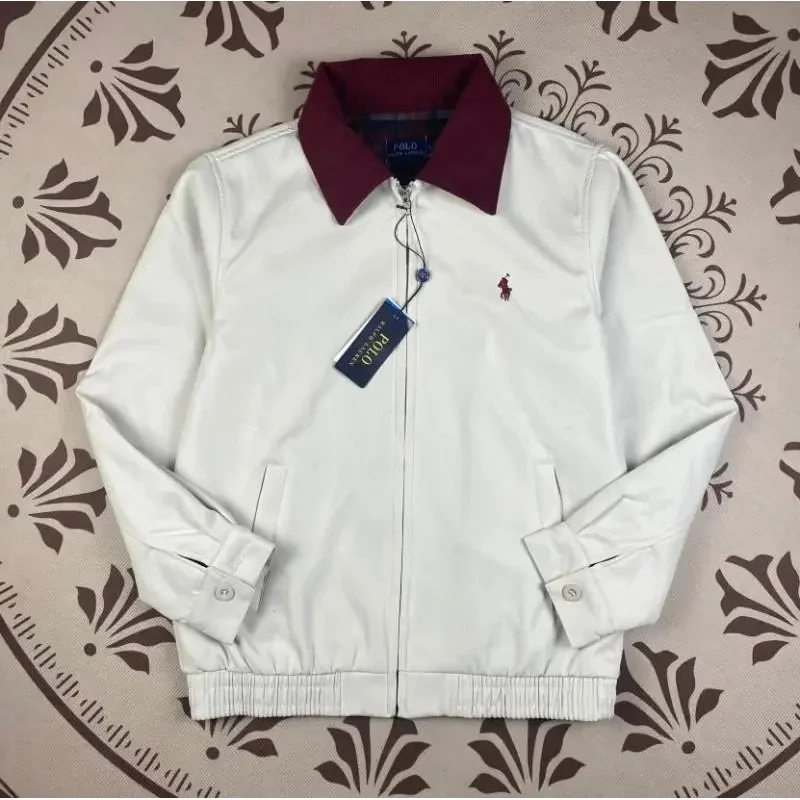 Polo Ralph Lauren White Leather Jacket with Burgundy Collar