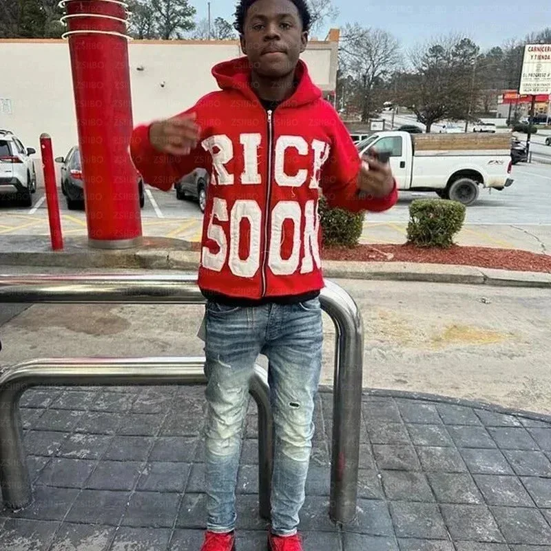 Unisex Red 'RICK SOON' Zip-Up Hoodie with Jeans