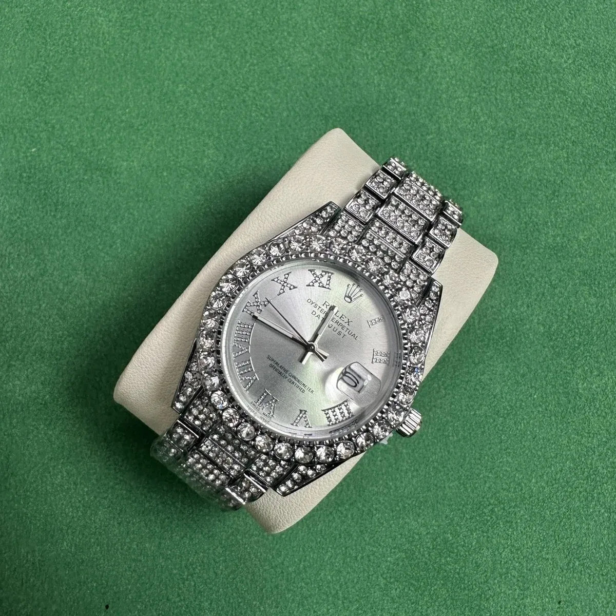Rolex Day-Date Diamond-Encrusted Silver Watch
