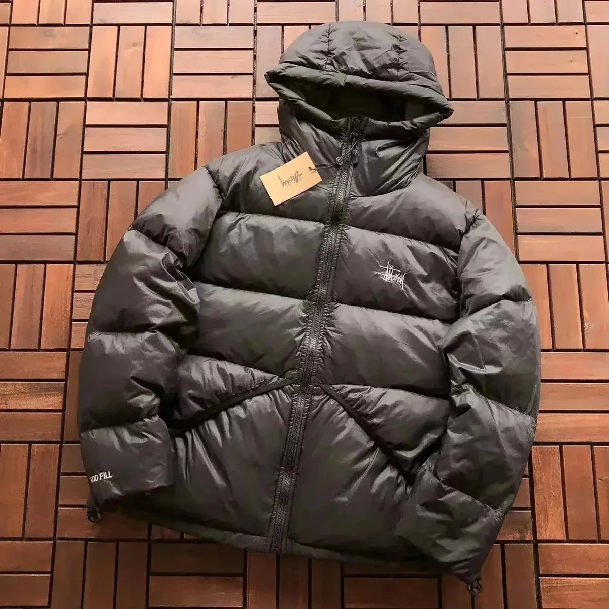 Stussy Black Hooded Puffer Jacket