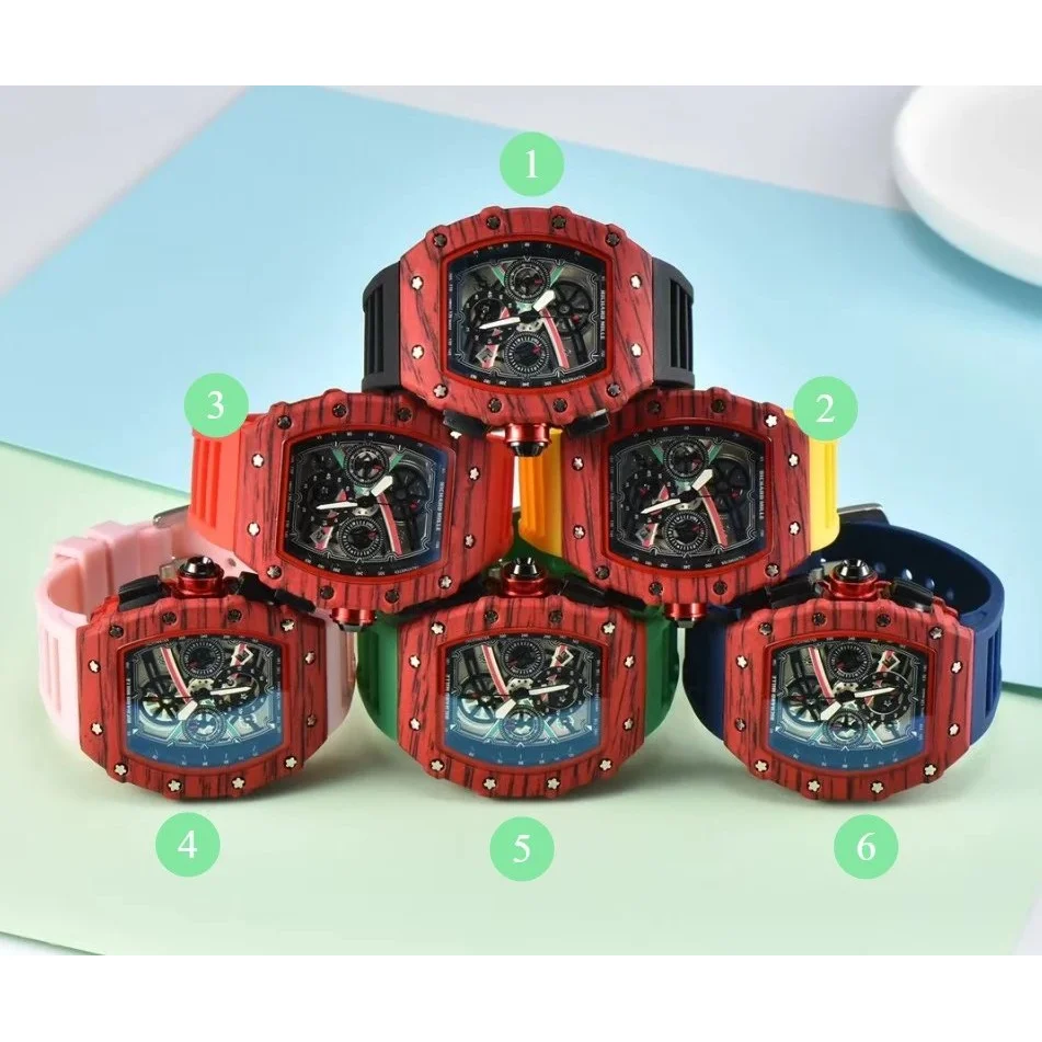 Unisex Red Wood Grain Watch with Multi-Color Straps
