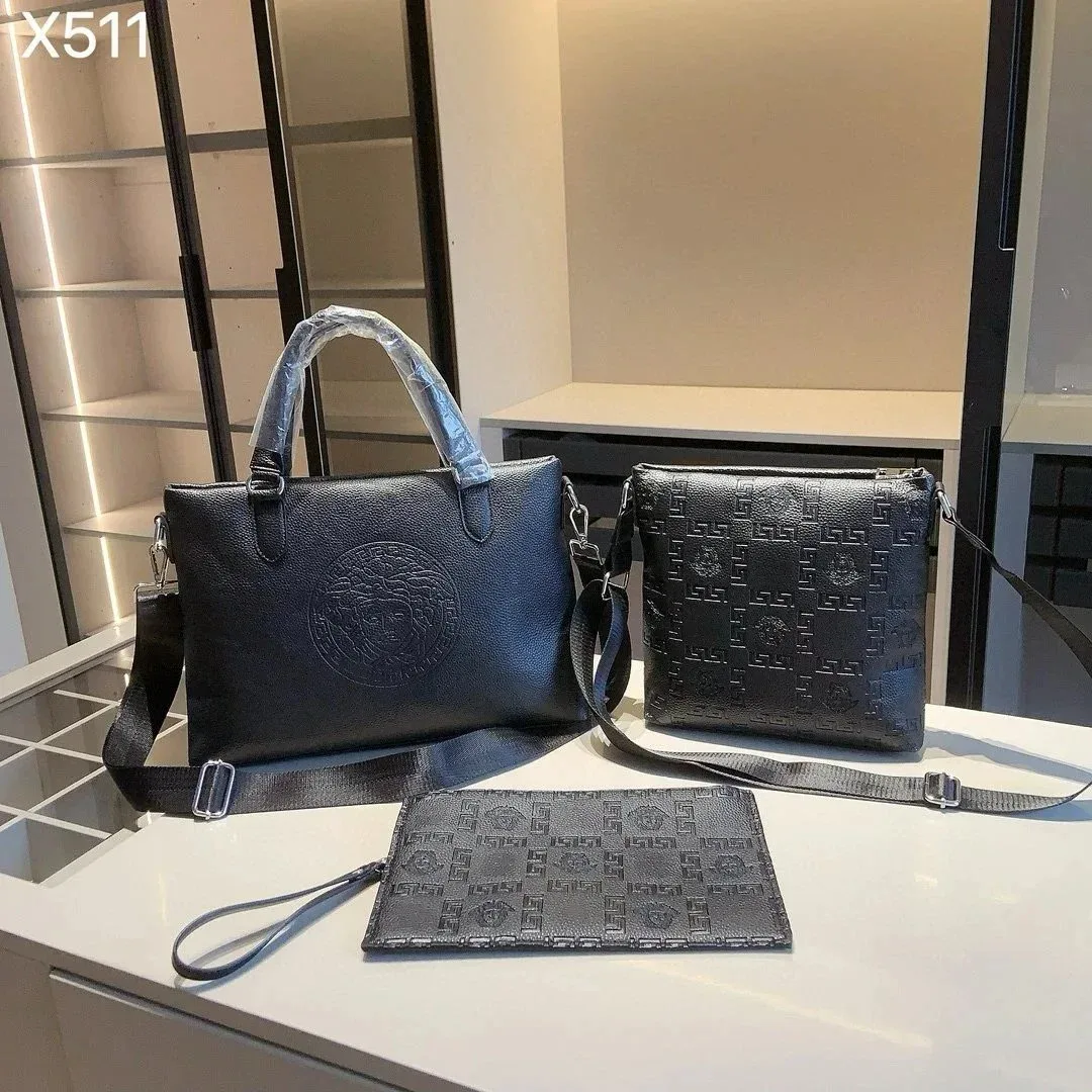 Versace Medusa Black Leather Tote & Pouch Set